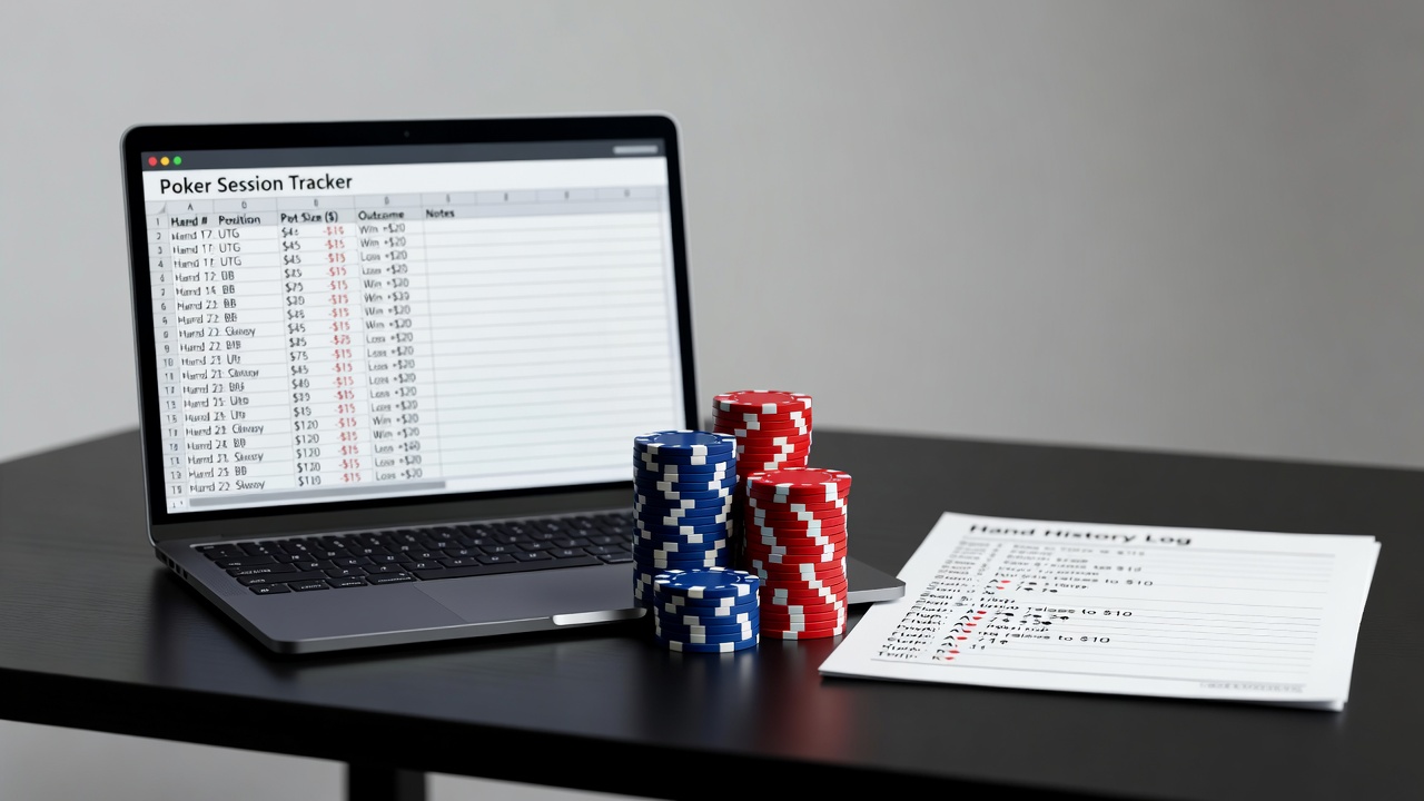 a poker session tracker spreadsheet open on a laptop beside a chip stack and hand history log