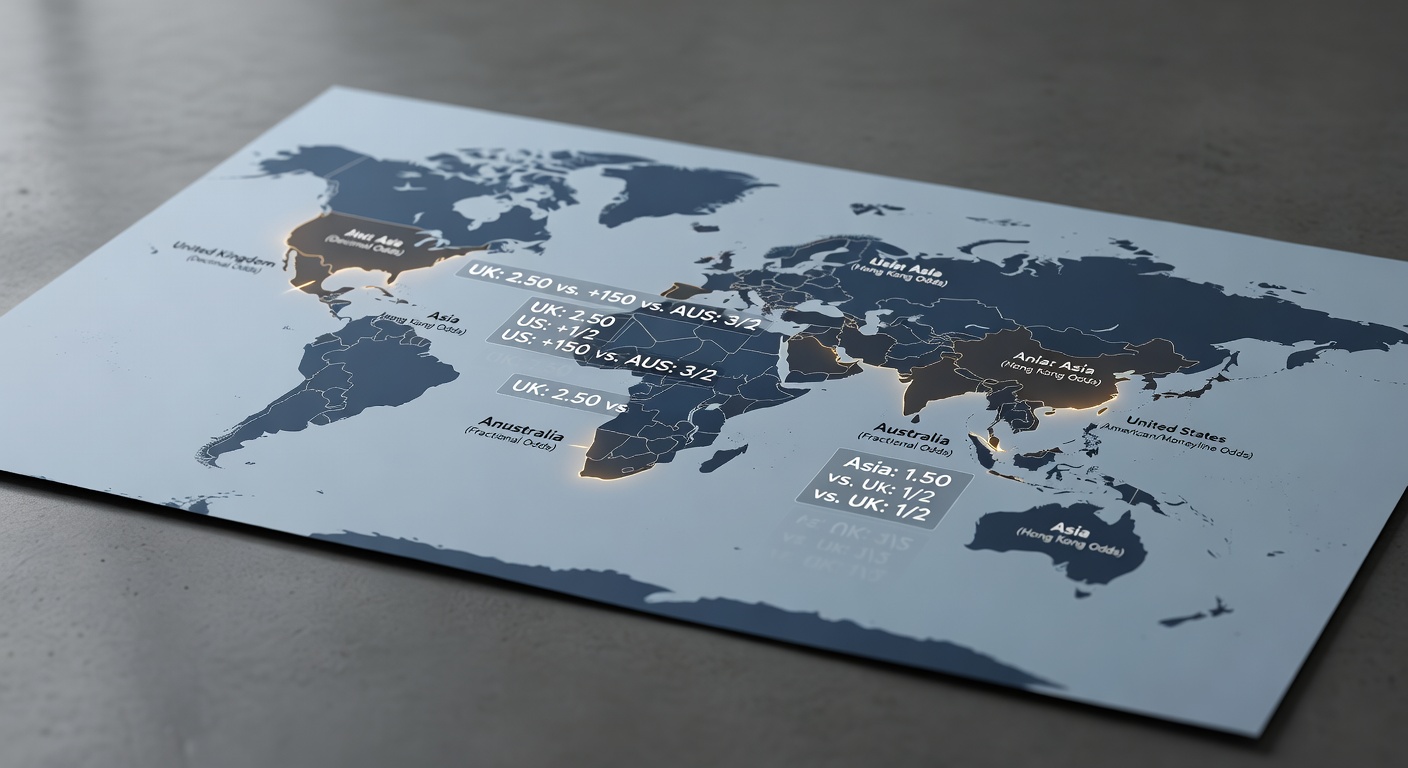 a world map with different international sportsbook regions marked and odds format comparisons overlaid