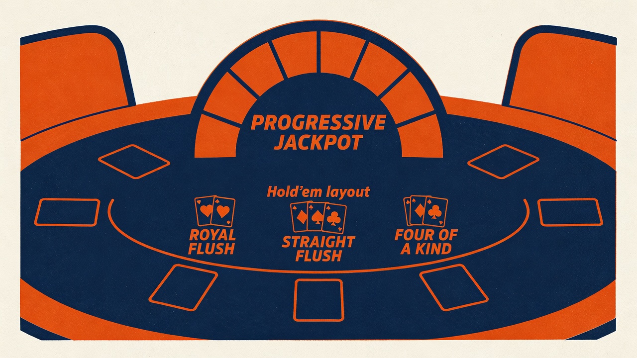 a poker table with a progressive jackpot meter and a Hold'em layout showing jackpot qualifying hands