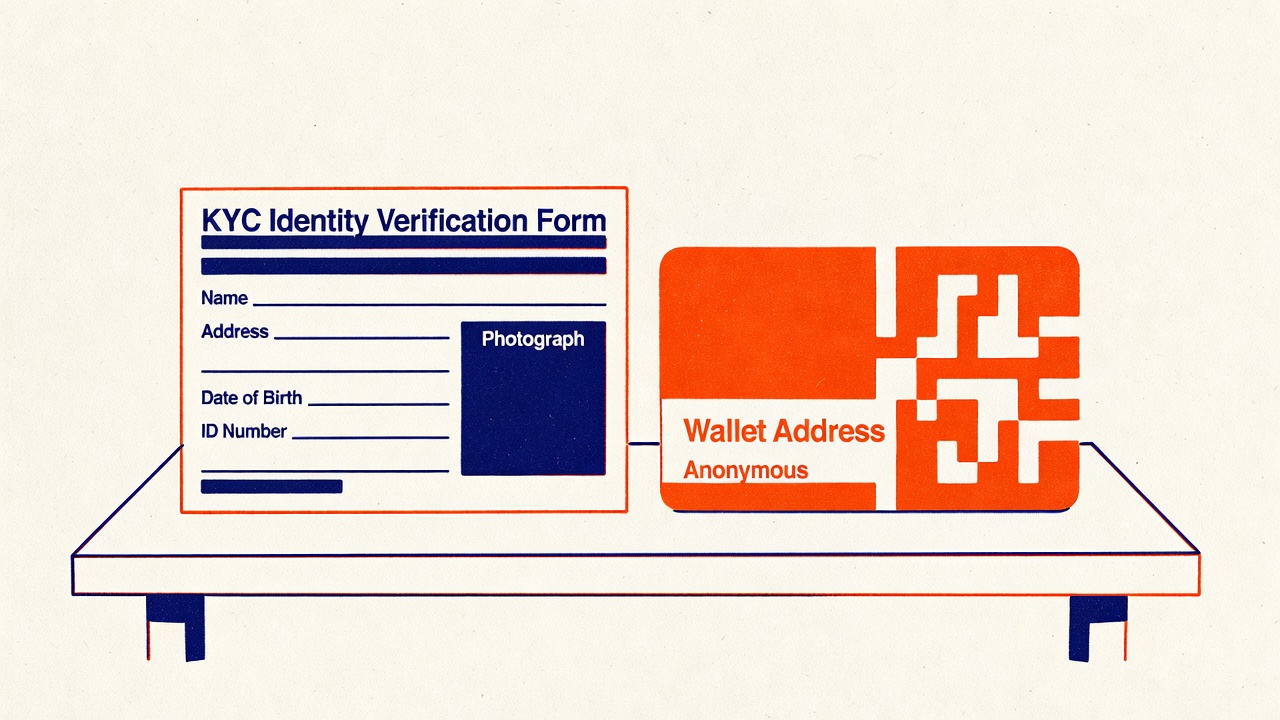 a KYC identity verification form next to an anonymous crypto wallet address card on a table