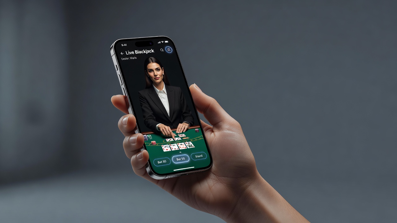 a smartphone in hand showing a live casino dealer on screen in a mobile-sized portrait interface