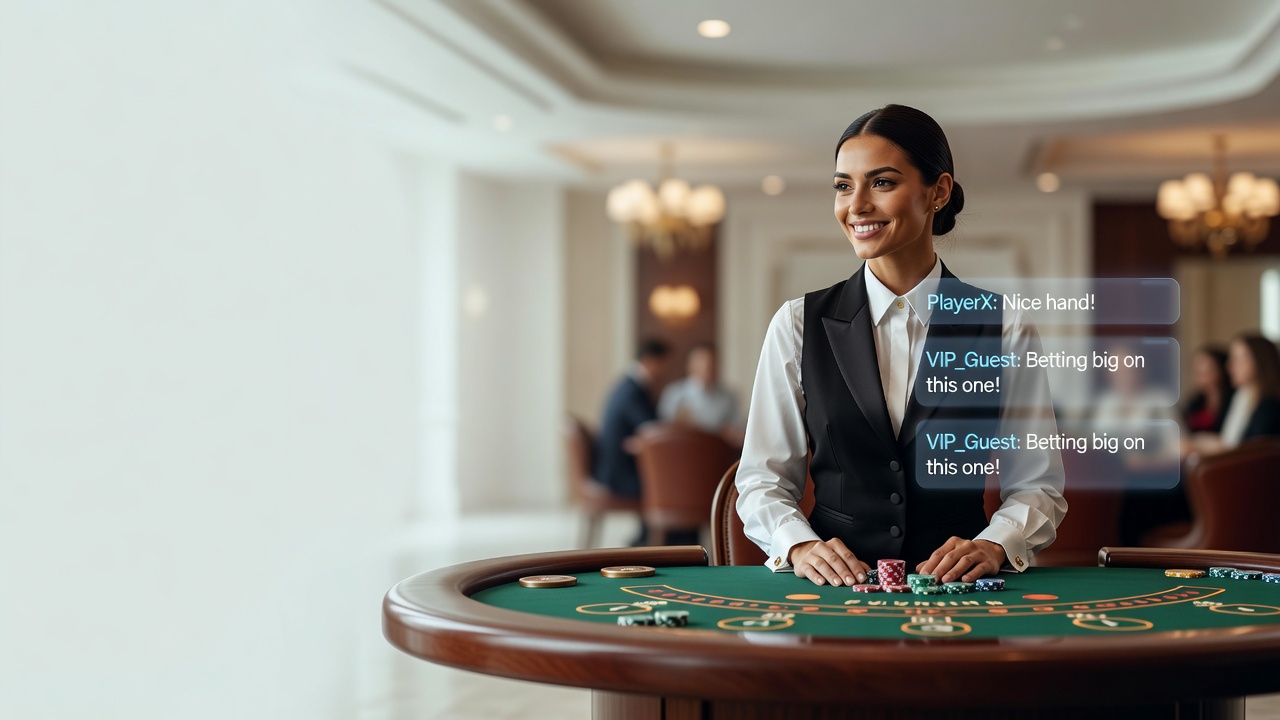 a live dealer at a casino table smiling toward a chat overlay with player messages appearing beside her