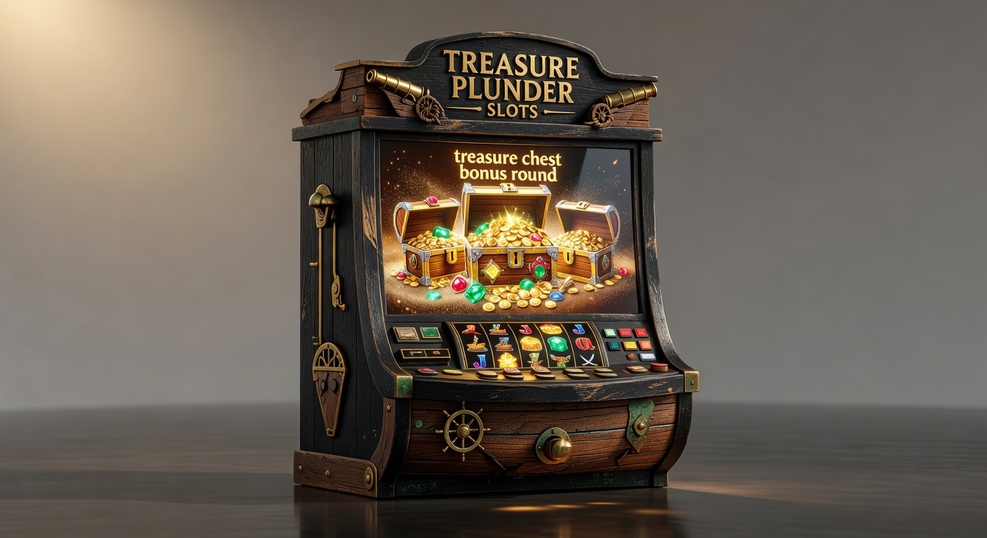 a pirate ship slot machine cabinet with treasure chest bonus round icons glowing on the screen