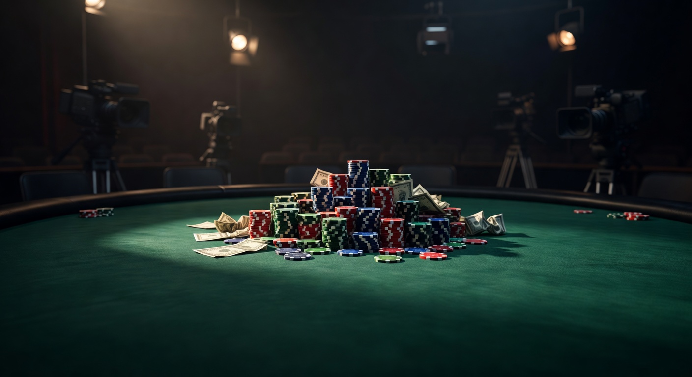 a dimly lit television studio poker table with late-night ambiance and enormous pot in the center