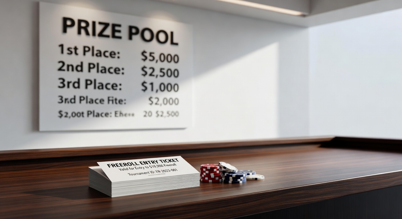 a poker tournament registration desk with freeroll entry tickets and a prize pool board in background