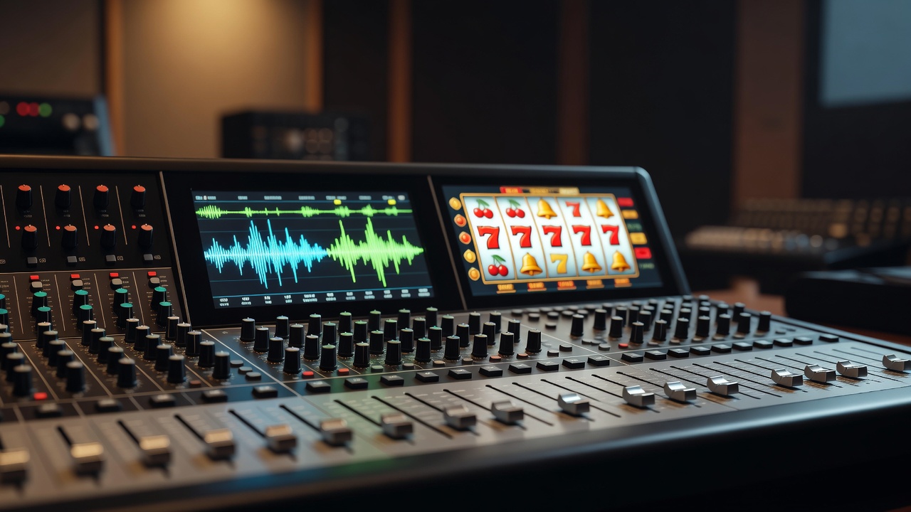 a studio mixing console with sound waveforms displayed alongside a spinning slot reel on screen