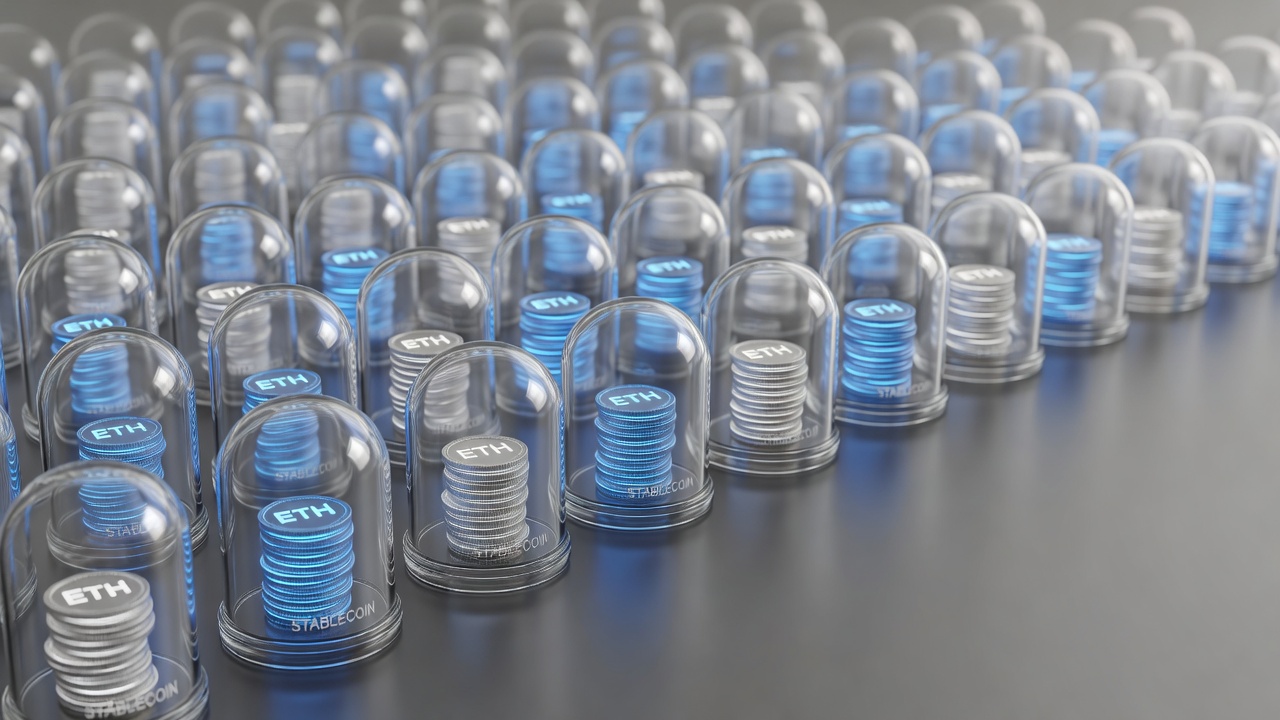 glass vaults holding glowing ETH and stablecoin stacks on a grid
