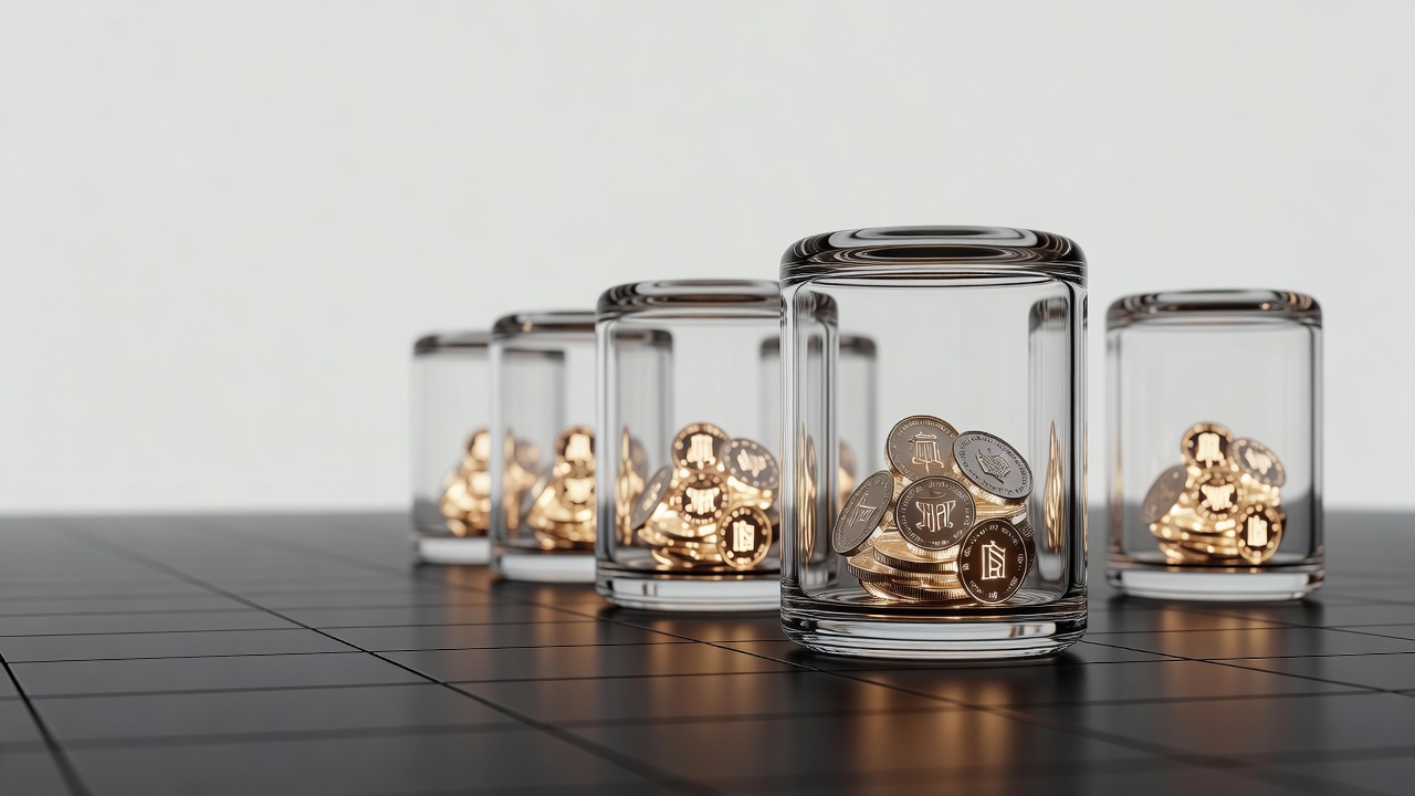 transparent vaults holding glowing coins on a dark grid floor