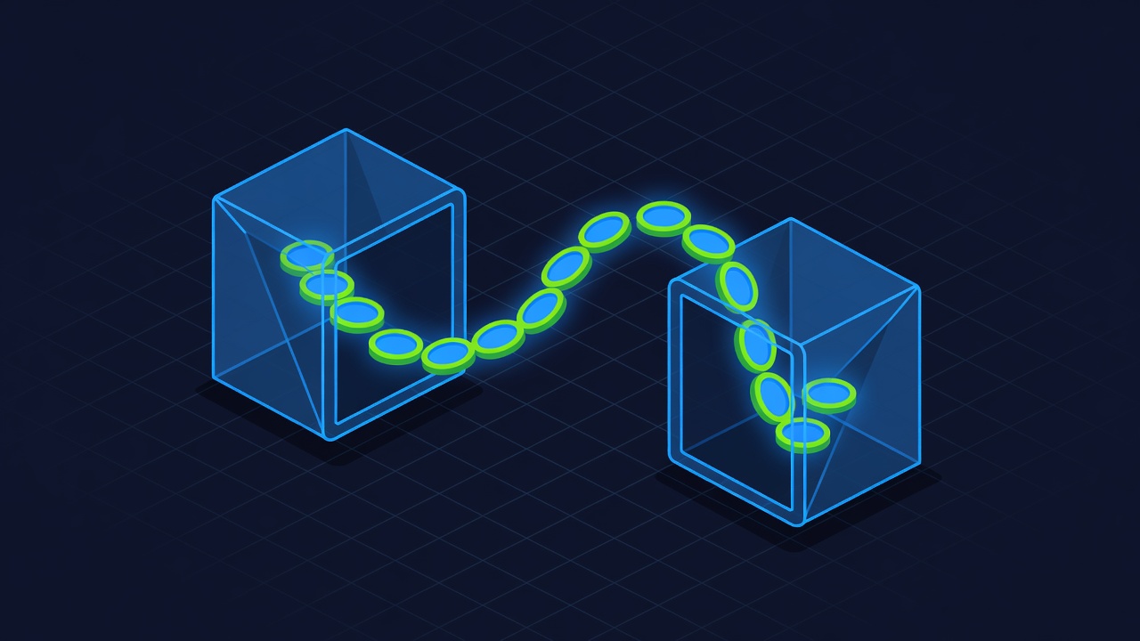glowing coins flowing between transparent vaults on a dark grid