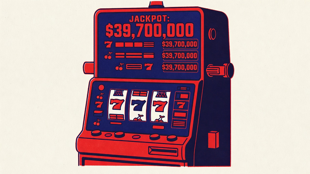 a Megabucks slot machine with jackpot meters showing thirty-nine point seven million dollars displayed