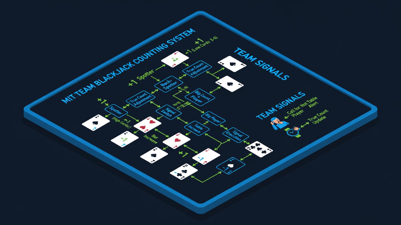an MIT team blackjack counting system diagram with card values and team signals on a chalkboard