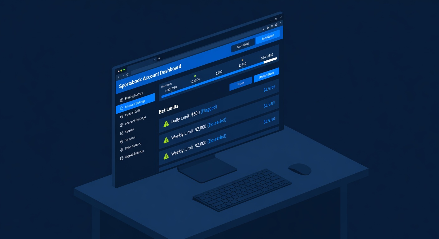 a sportsbook account dashboard showing bet limits flagged in a browser interface on a desk