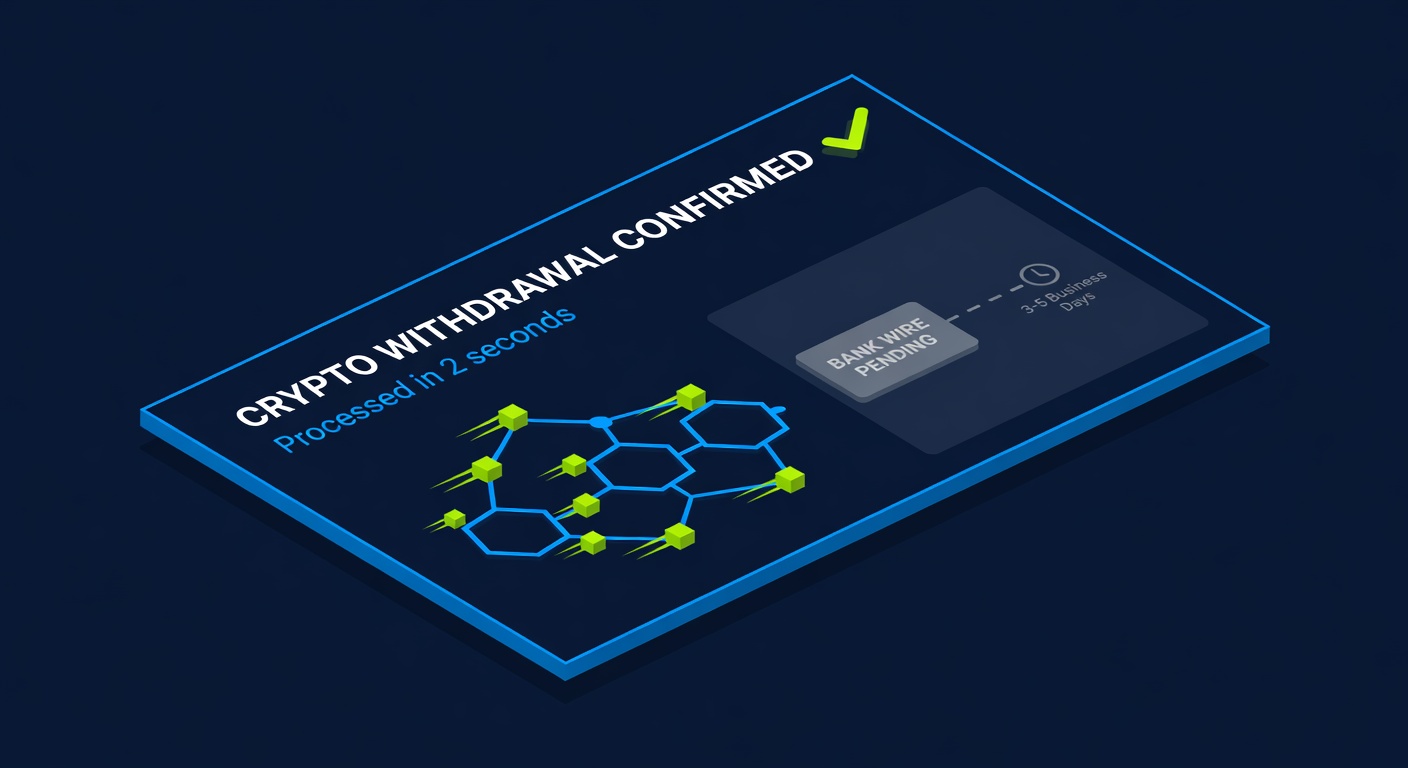 a blockchain transaction confirmation screen showing a crypto withdrawal processed faster than a bank wire