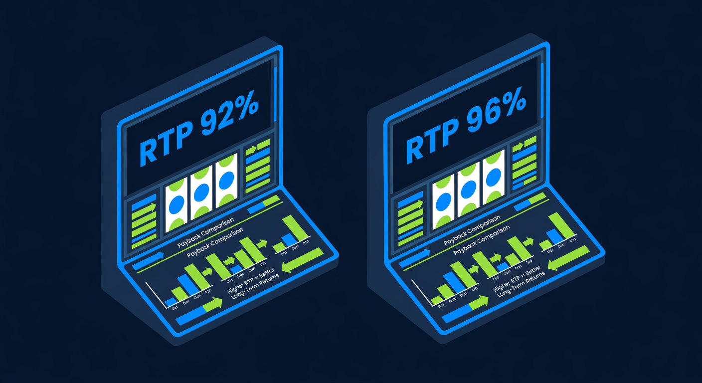 two slot machine paytable screens showing different RTP percentages with payback comparison diagram