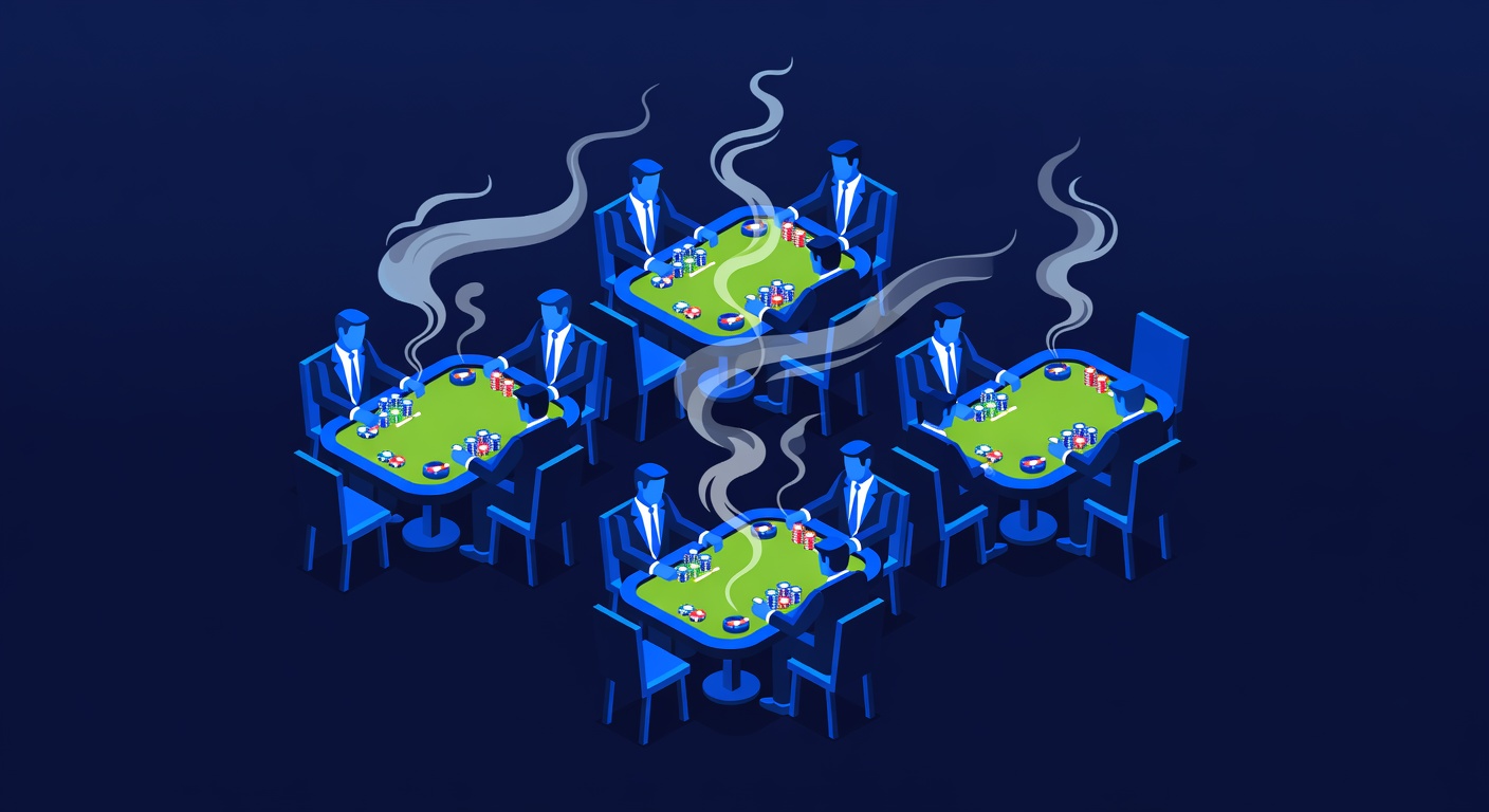 vintage poker room atmosphere capturing cigarette smoke ambiance and chip-stacking intensity