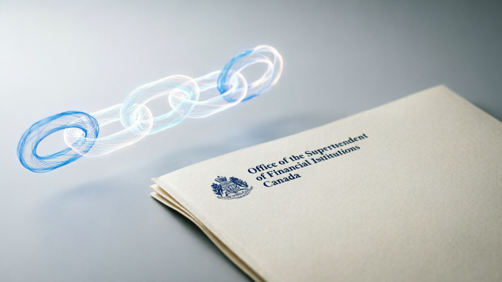 Canadian regulator document beside blockchain ledger graphic