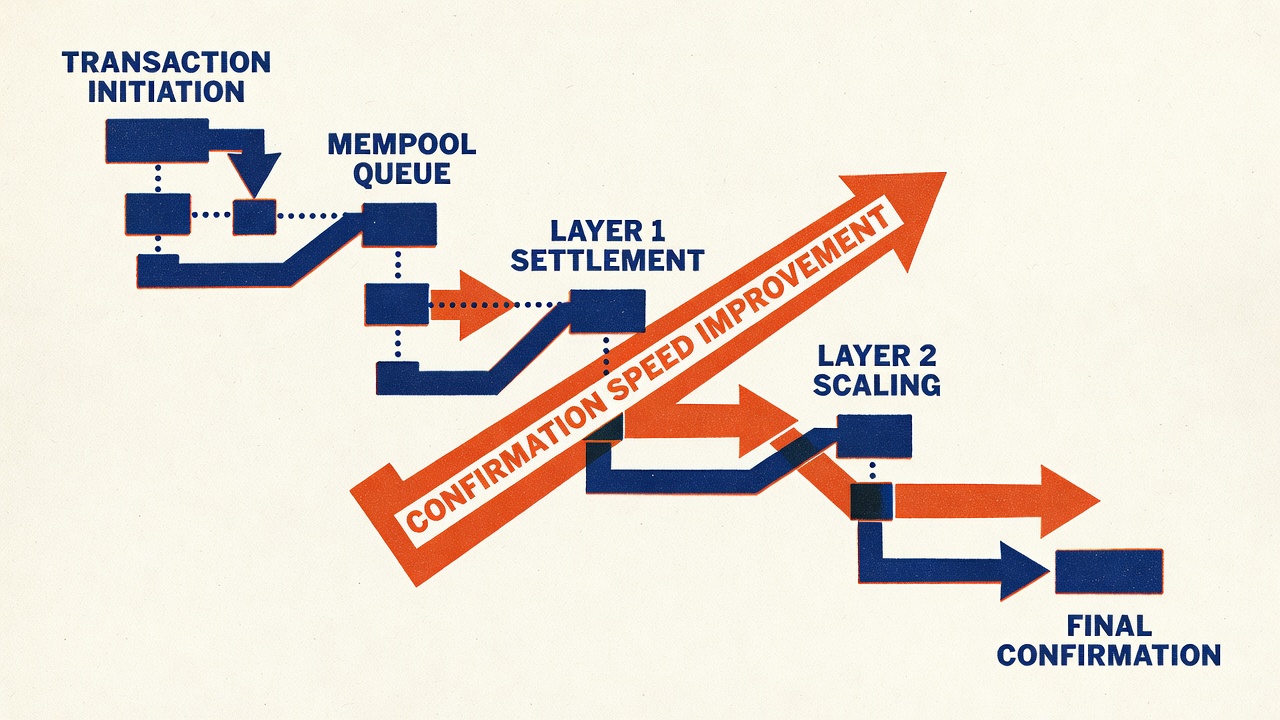 blockchain transaction pathway diagram showing settlement layers and confirmation speed improvements