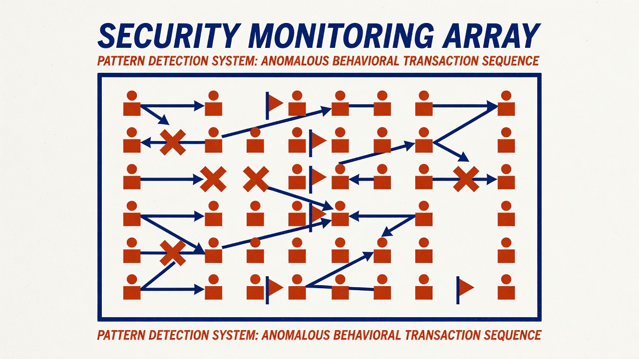 security monitoring array showing pattern detection system flagging anomalous behavioral transaction sequence