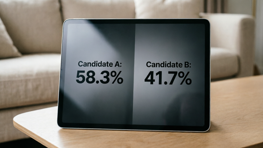 digital screen displaying election probability percentages in a quiet lounge