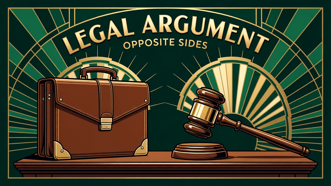 briefcase and gavel facing off across desk symbolizing legal argument on opposite sides