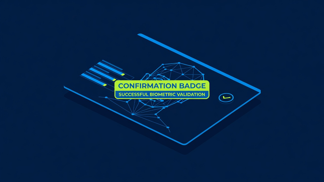 facial recognition system interface displaying confirmation badge after successful biometric validation process