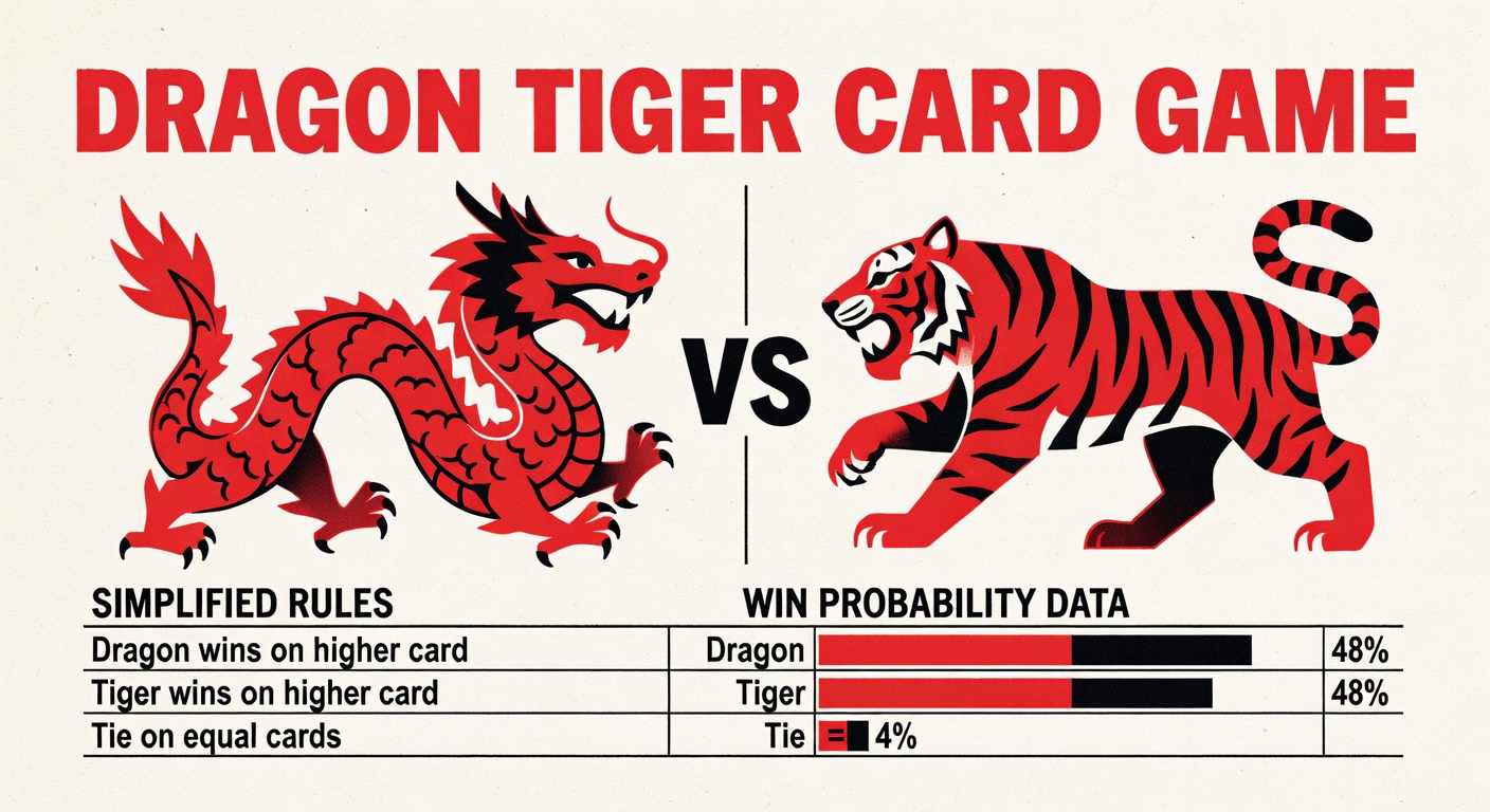 Dragon tiger card game layout with simplified rules and win probability data