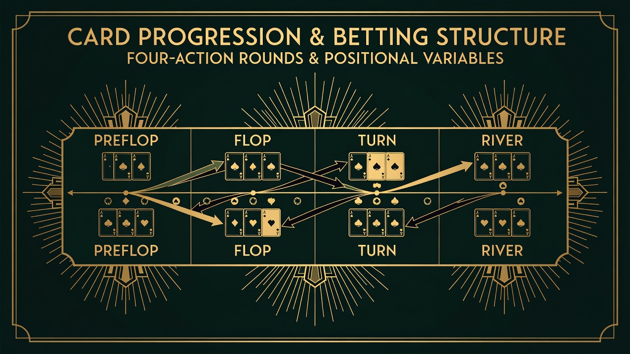card progression sequence displaying betting structure across four-action rounds with positional variables