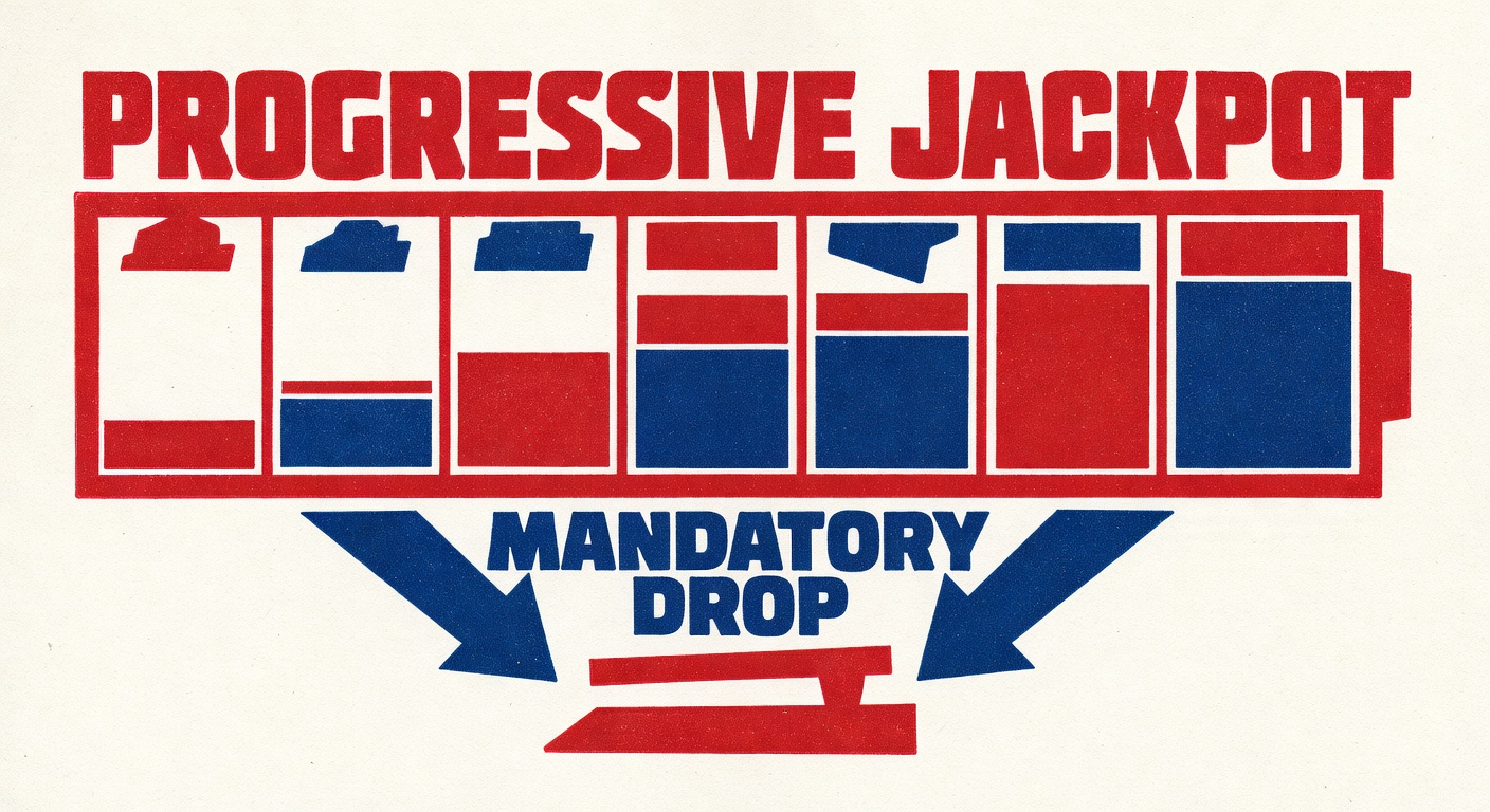 Slot machine progressive jackpot meter with mandatory drop mechanism visualization