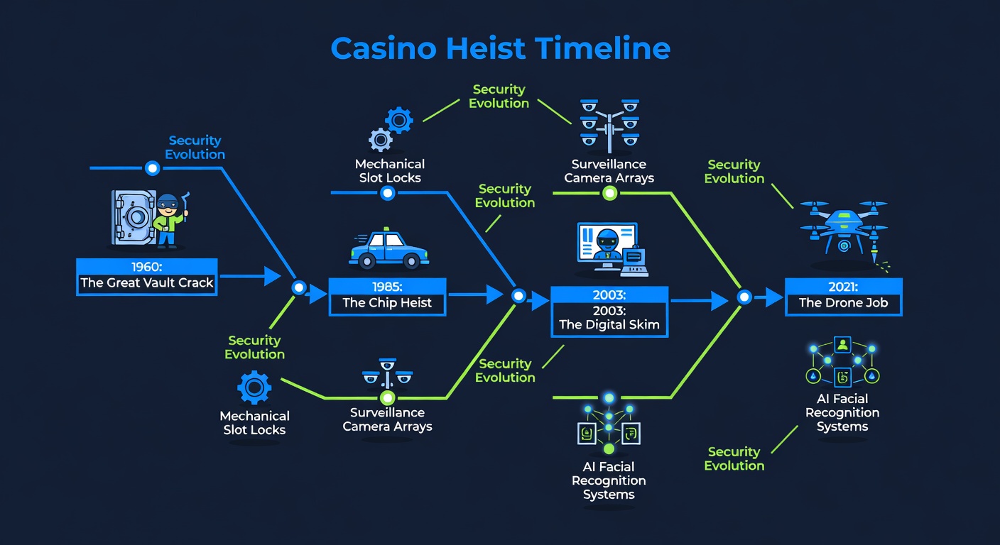 Casino heist timeline showing historical robberies and security evolution history
