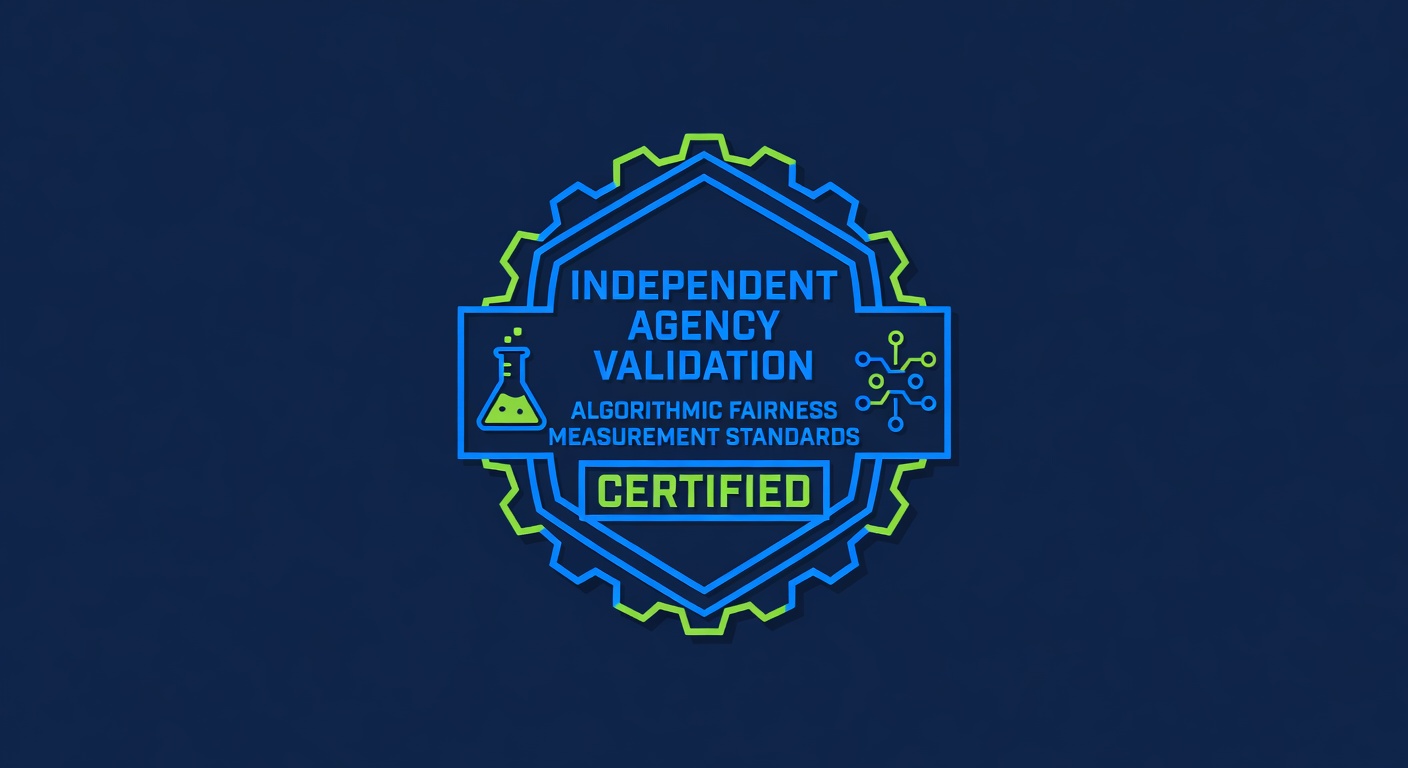 laboratory certification badge indicating independent agency validation of algorithmic fairness measurement standards