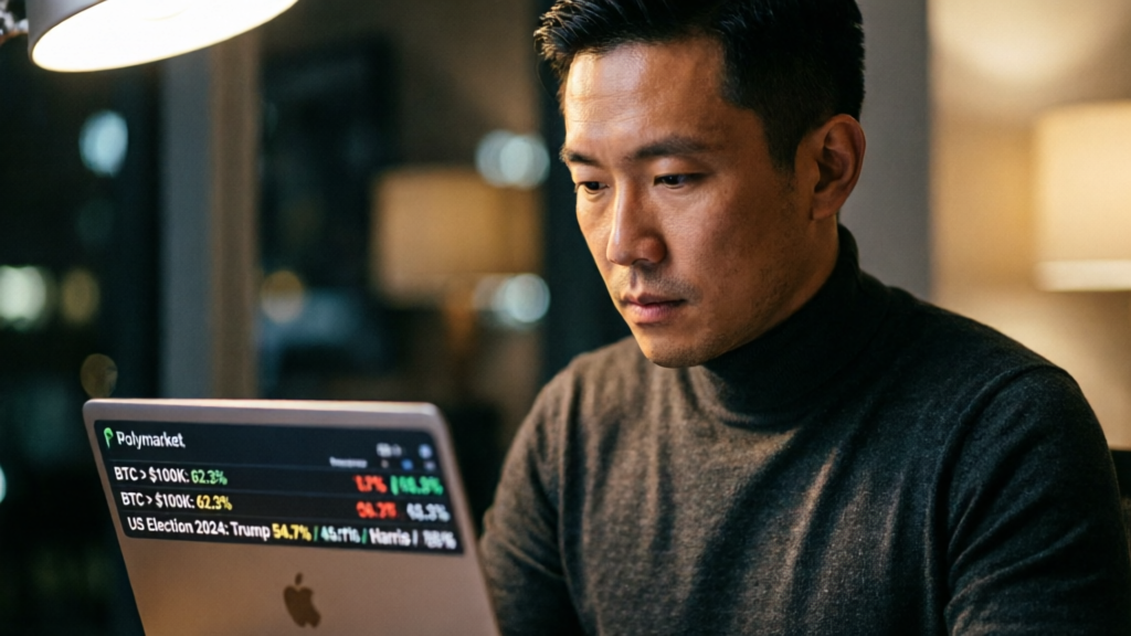 trader viewing polymarket odds on a laptop screen at night