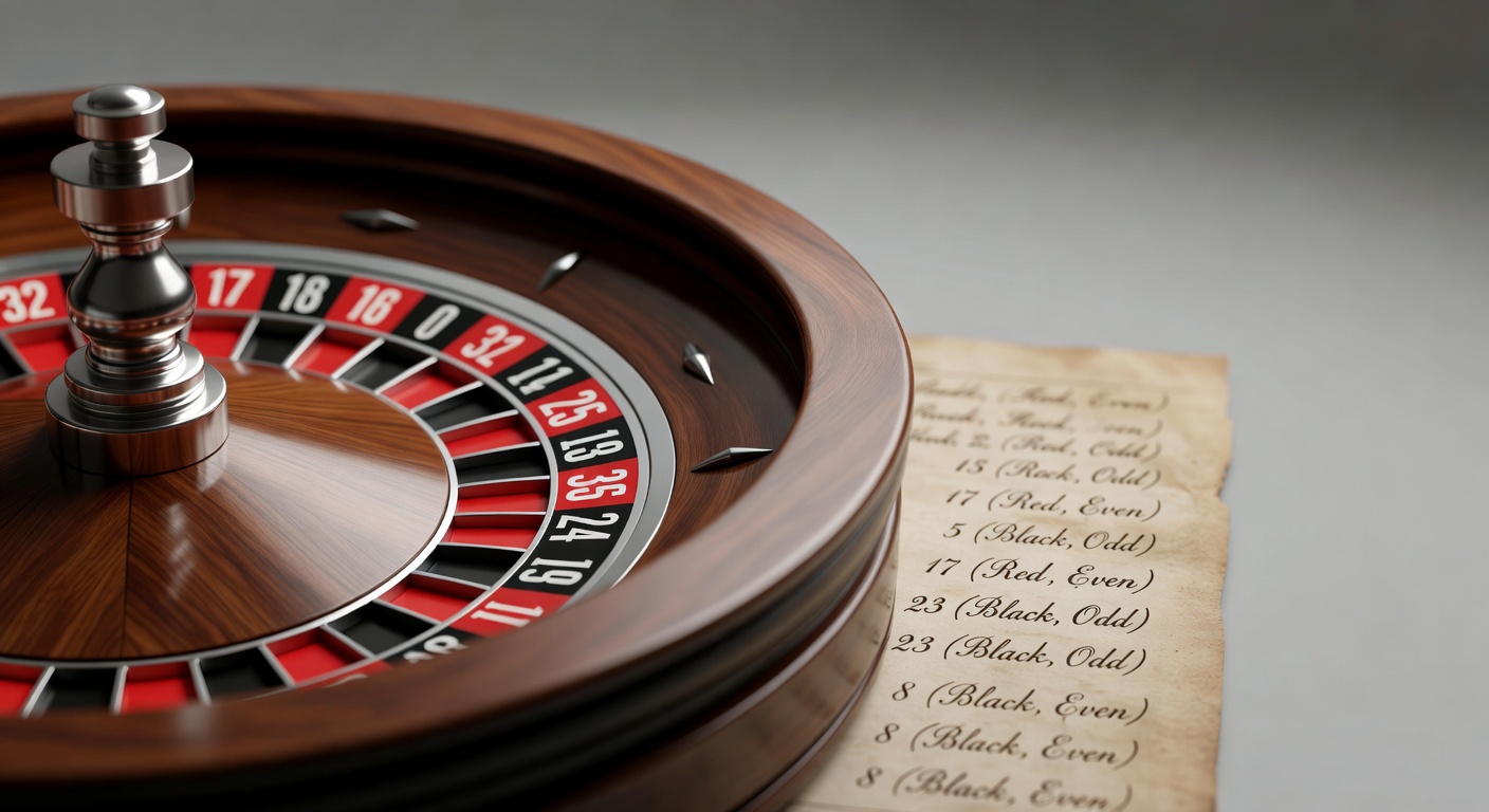 Roulette wheel with numbered sections and historical winning pattern notation