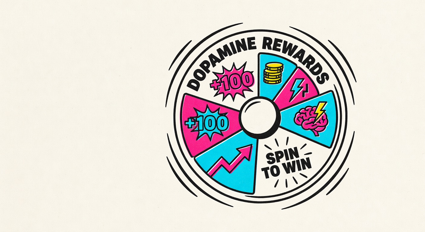 spinning dial with highlighted segments representing gamified reward mechanics triggering dopamine response