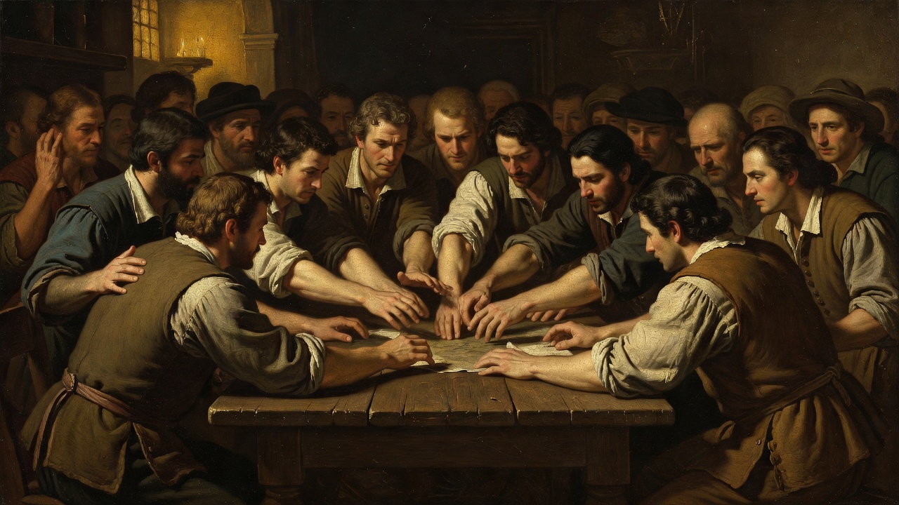 pressing crowd around table with arms extending inward showing intense tactical pressure applied