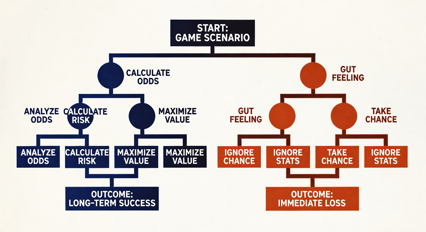 Decision tree diagram showing optimal versus actual player strategy choices