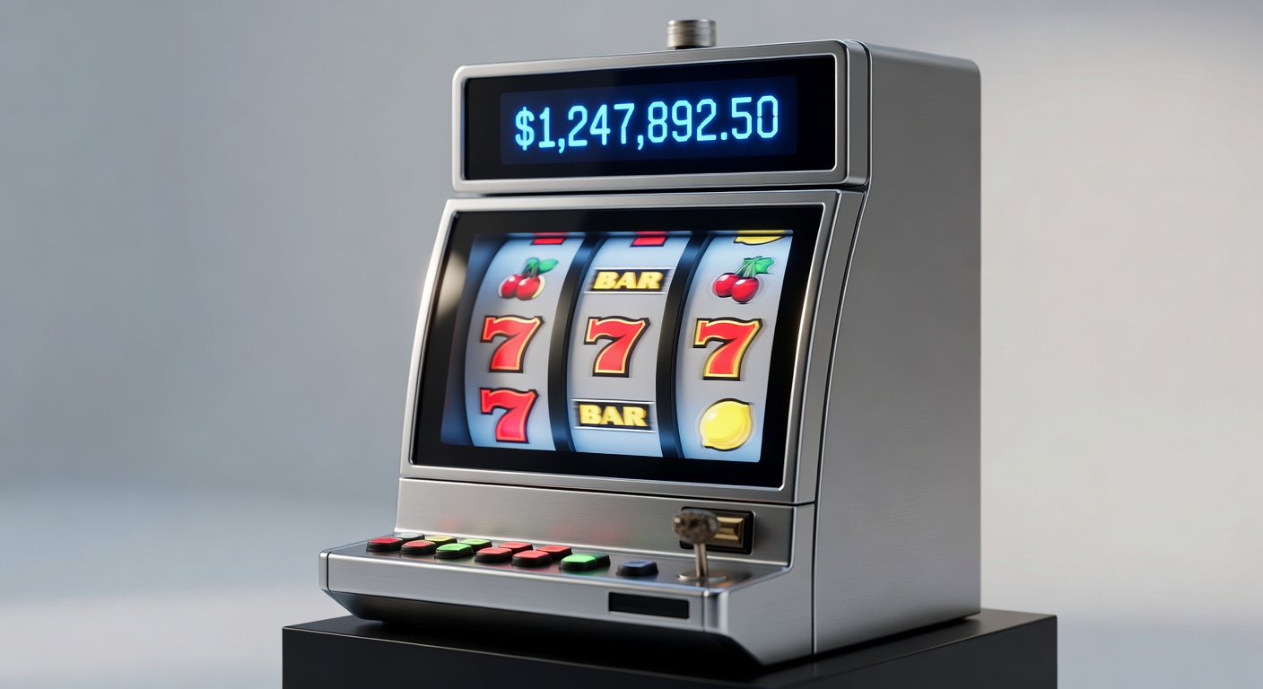 Slot machine reels frozen mid-spin with progressive jackpot meter