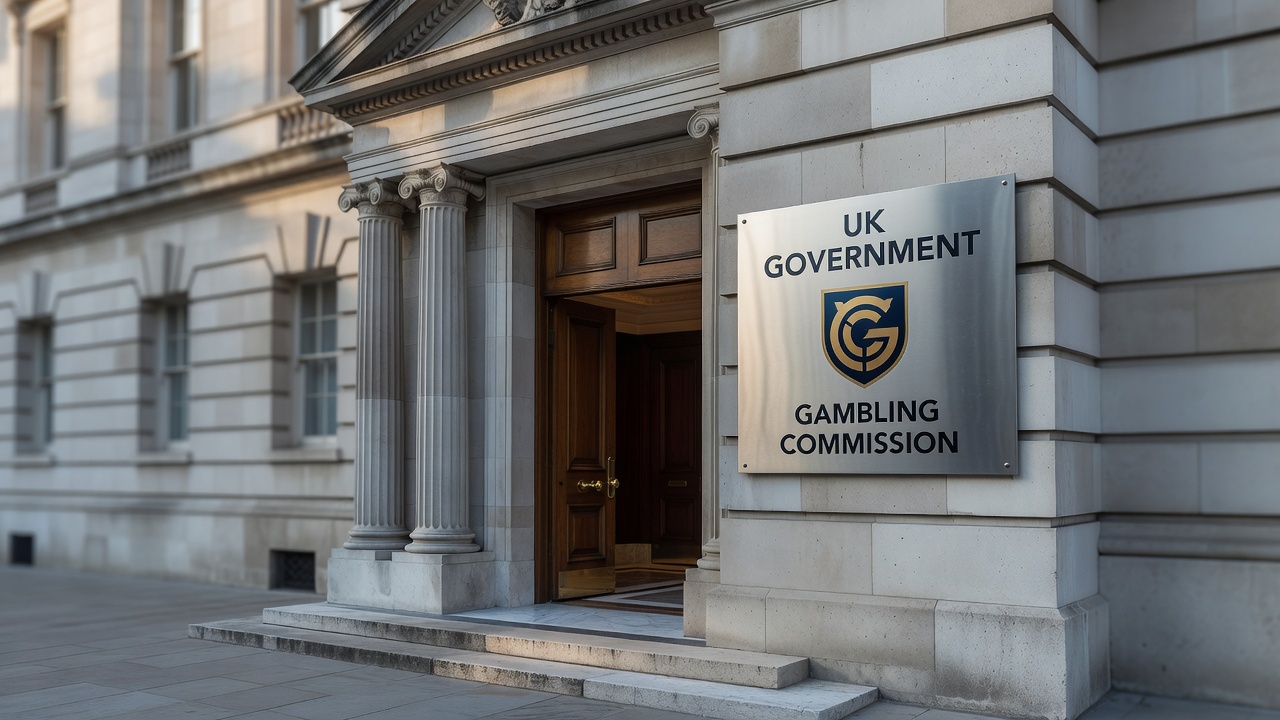 UK government building entrance with gambling commission signage