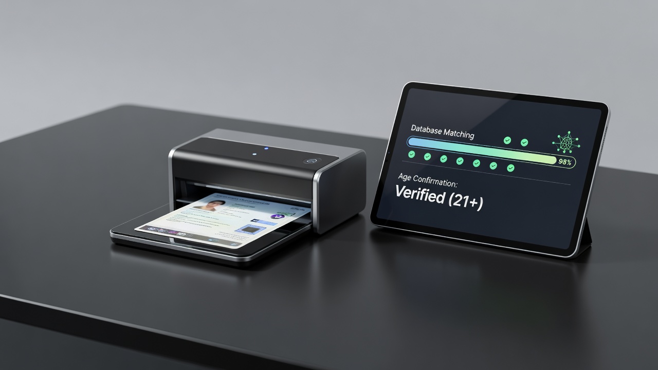Identity verification document scanning process showing database matching and age confirmation