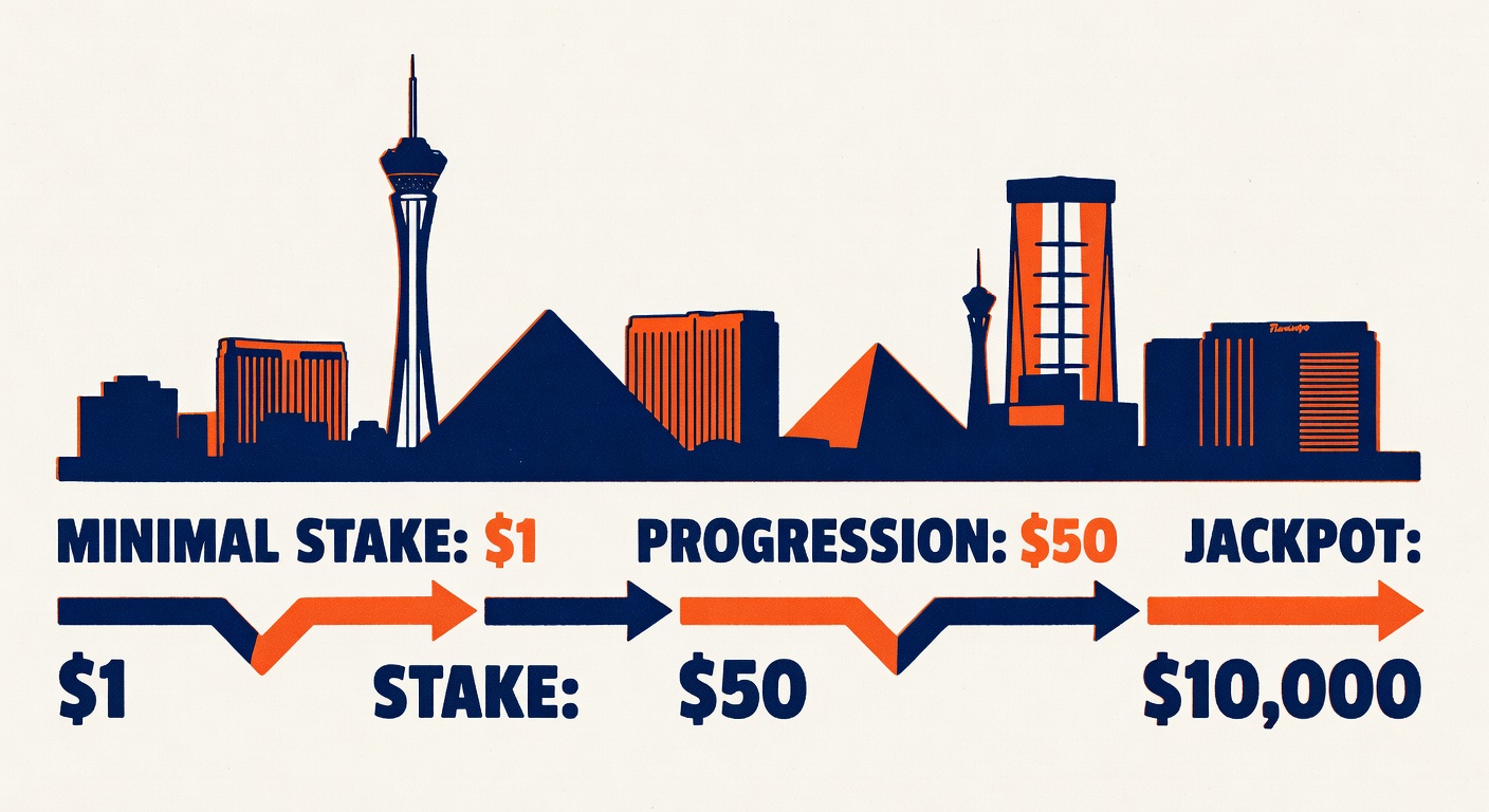 Las Vegas skyline with timeline showing financial progression from minimal stake amounts