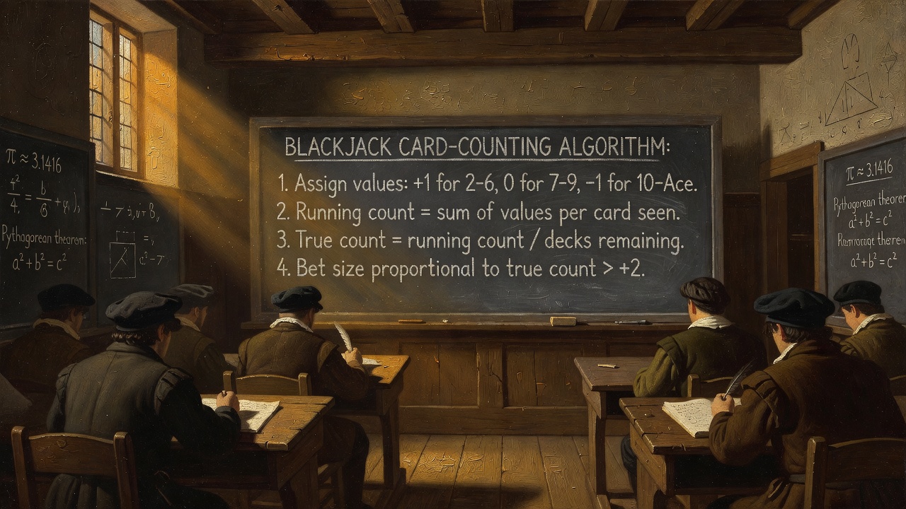 Mathematics classroom with blackjack card-counting algorithm written on whiteboard clearly