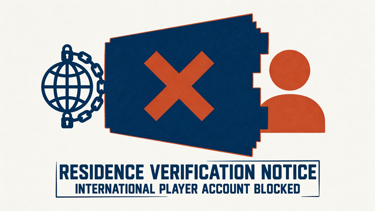 Geolocation barrier blocking international player account with residence verification notice