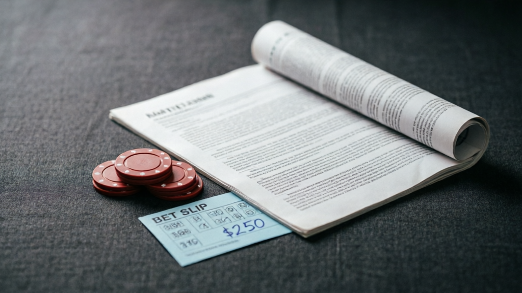 regulatory document placed beside poker chips and a betting slip on a desk