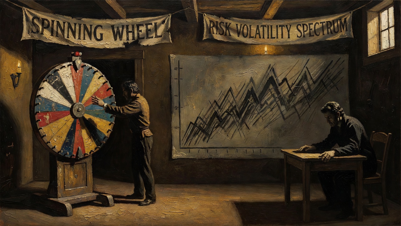 Game show set comparison showing spinning wheel and risk volatility spectrum