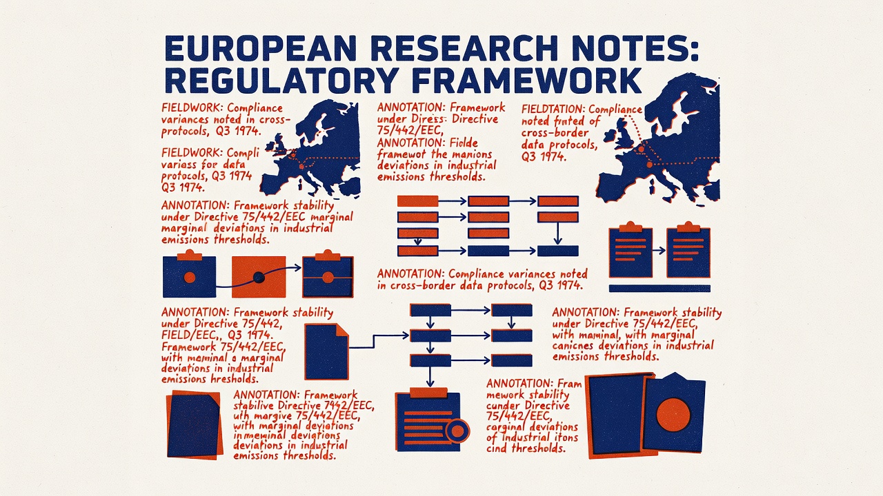 European research notes documenting regulatory framework with fieldwork observation annotations