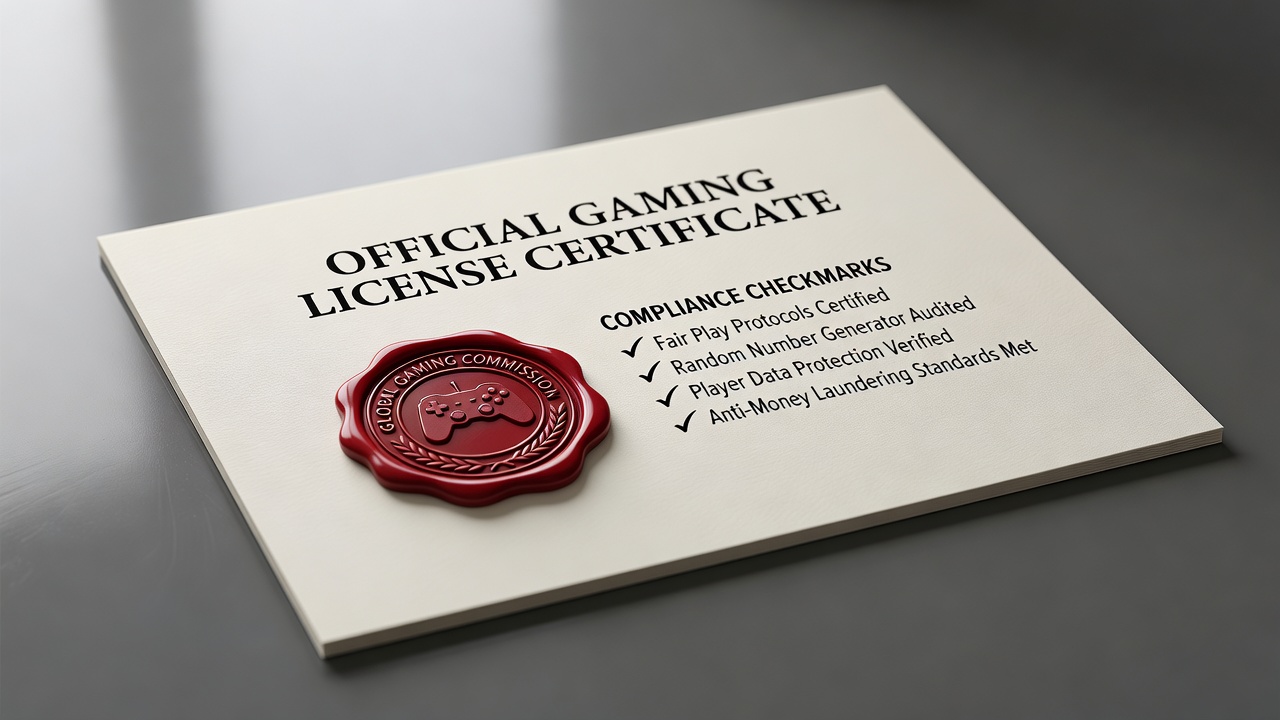 Official gaming license certificate with governance authority seal and compliance checkmarks