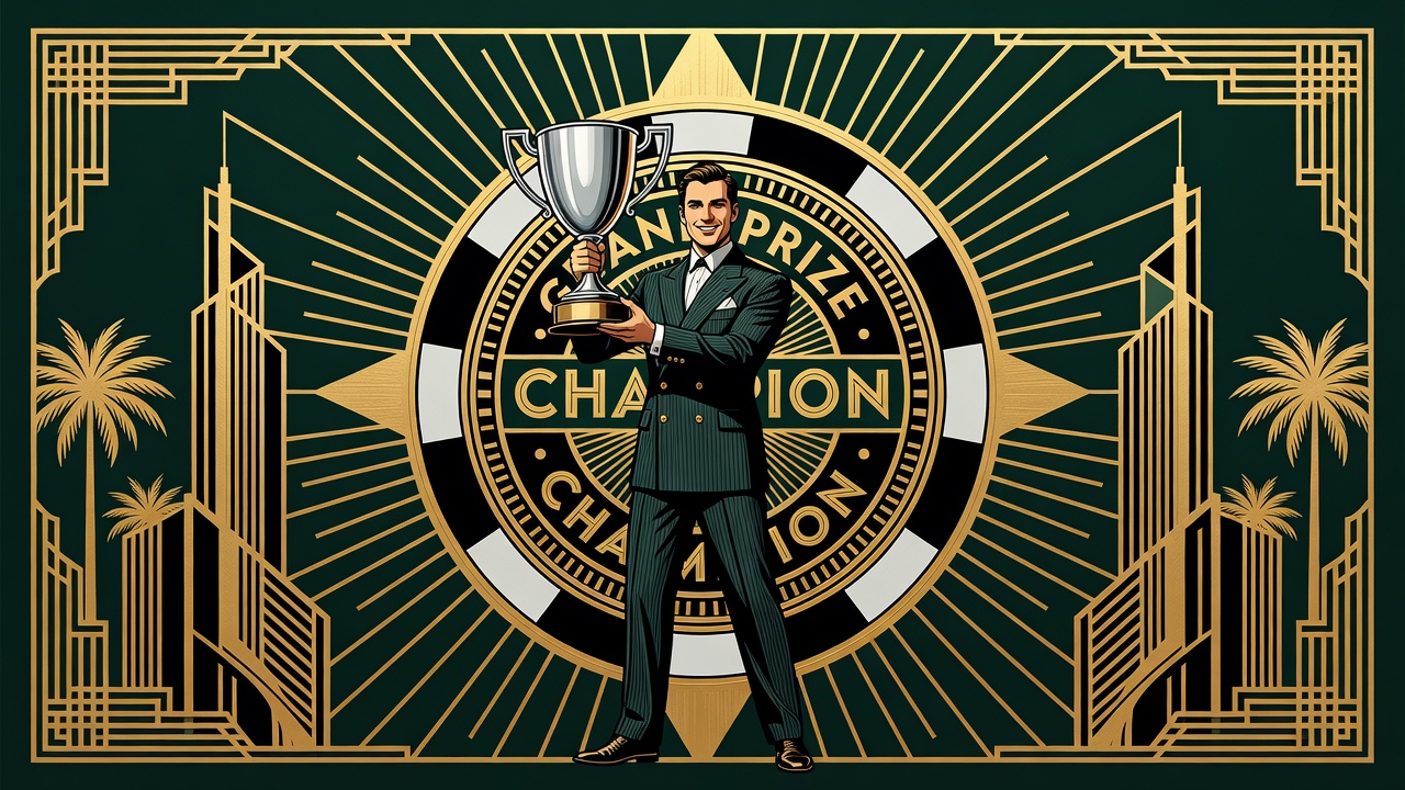 Young champion holding trophy with oversized poker chip