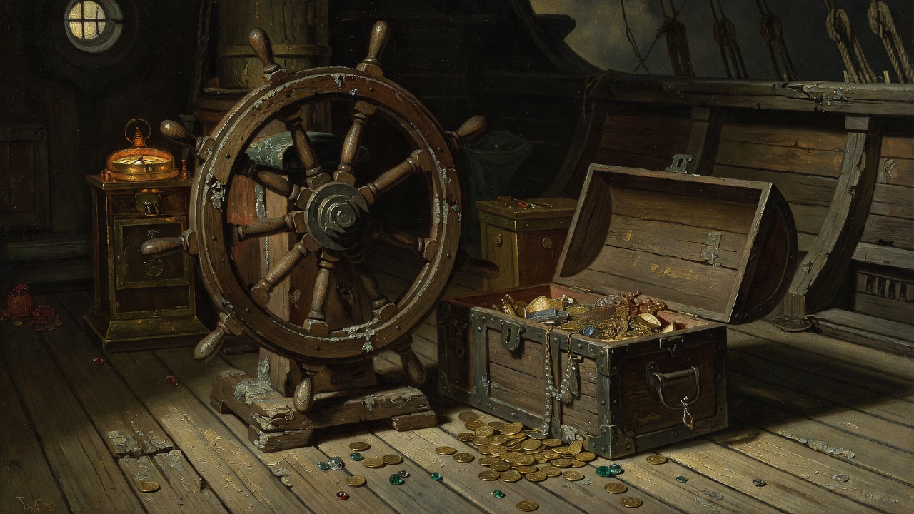 Vintage nautical ship helm steering wheel with treasure chest