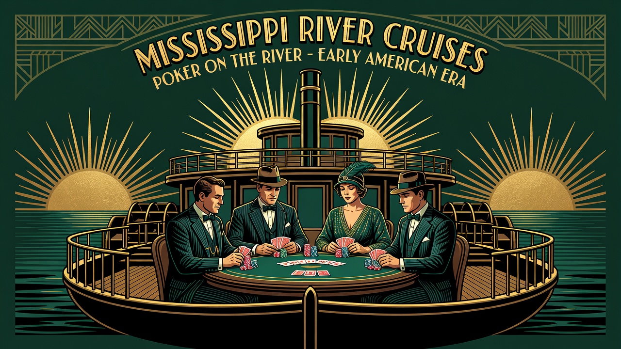 River boat scene with poker players seated around table during early American era