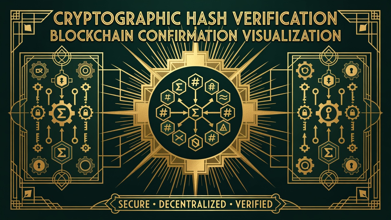 Cryptographic hash verification diagram displaying blockchain confirmation visualization