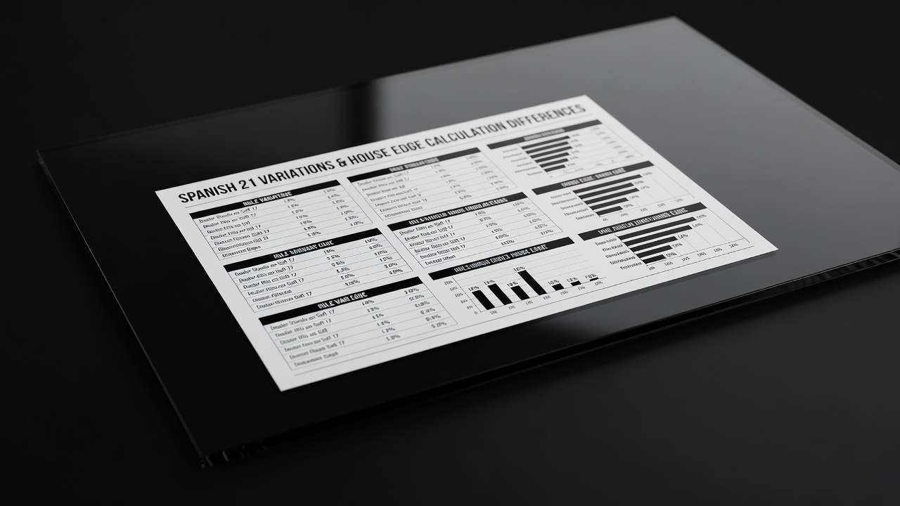 Card comparison chart showing Spanish 21 variations with house edge calculation differences